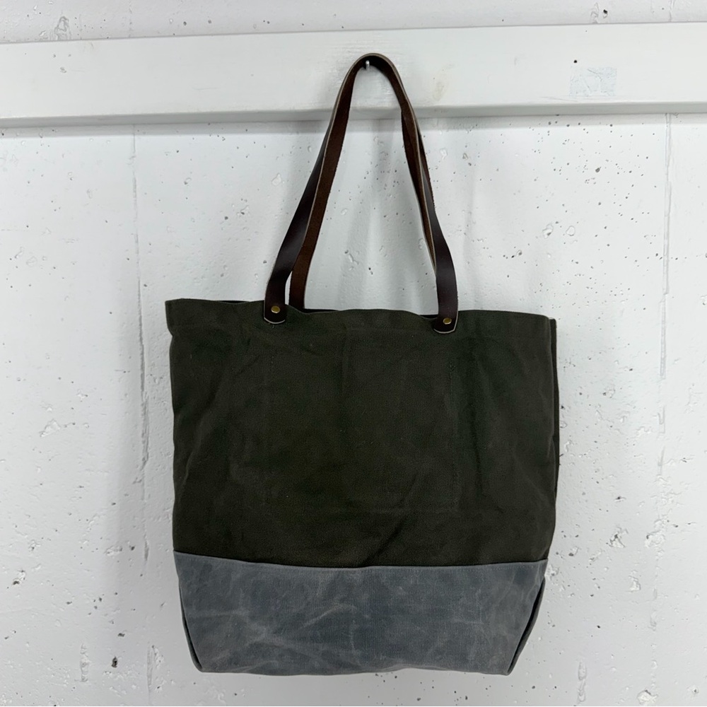Line of Trade Green- Brown Gray Canvas and Leather Tote Bag